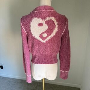 Pilcro Anthro Pink Icon Heart Yin Yang Cropped Cardigan Button Front Medium‎